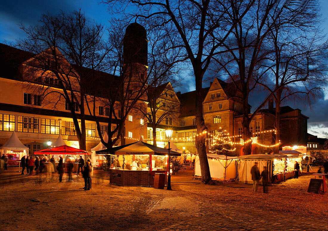 Christmas fair in front of Koethen castle at night, Saxony-Anhalt, Germany, Europe
