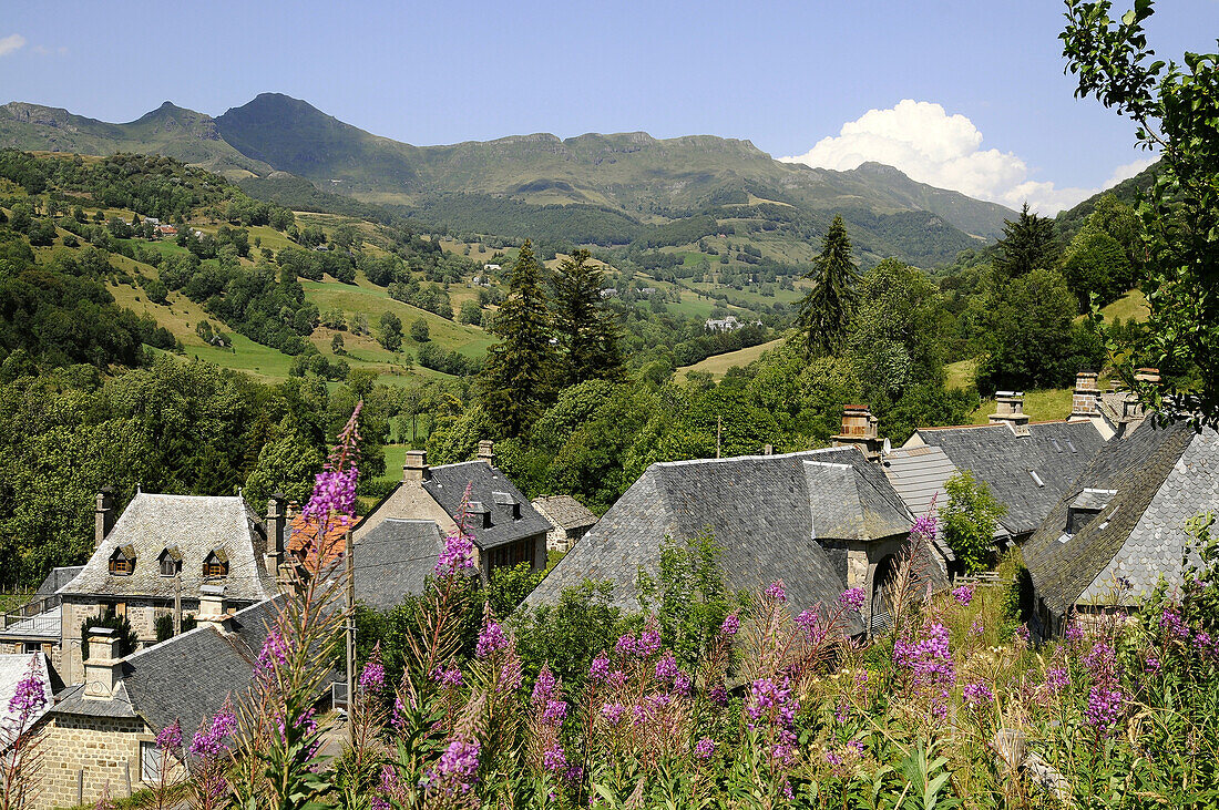 Häuser im Vallee de la Jordanne mit Blick auf Puy Mary, Cantal, Auvergne, Frankreich, Europa