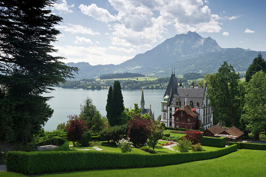 Meggenhorn castle with Mount Pilatus in the background, Lake Lucerne, canton Lucerne, Switzerland, Europe