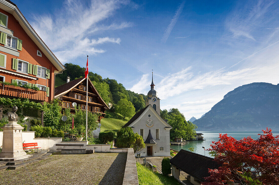 Houses of the village of Bauen at lake Lucerne, canton Uri, Switzerland, Europe