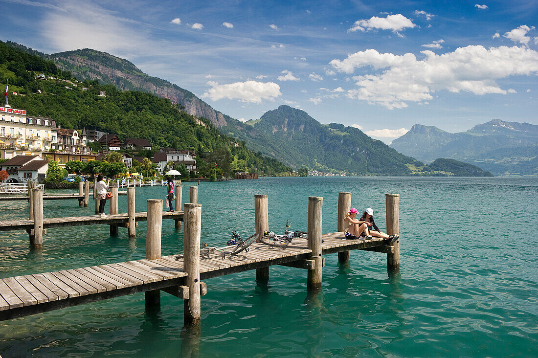 People on a jetty in Weggis, Lake Lucerne, canton Lucerne, Switzerland, Europe