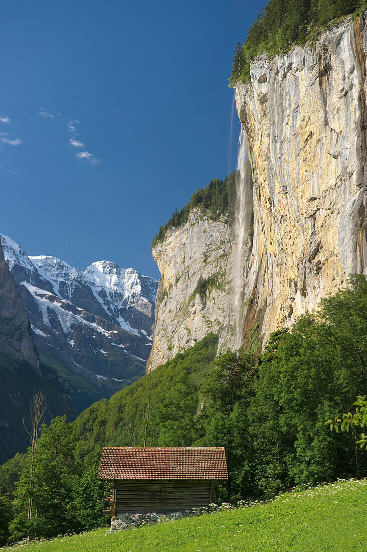 Blick auf den Staubbachfall im Sonnenlicht, Lauterbrunnen, Kanton Bern, Schweiz, Europa