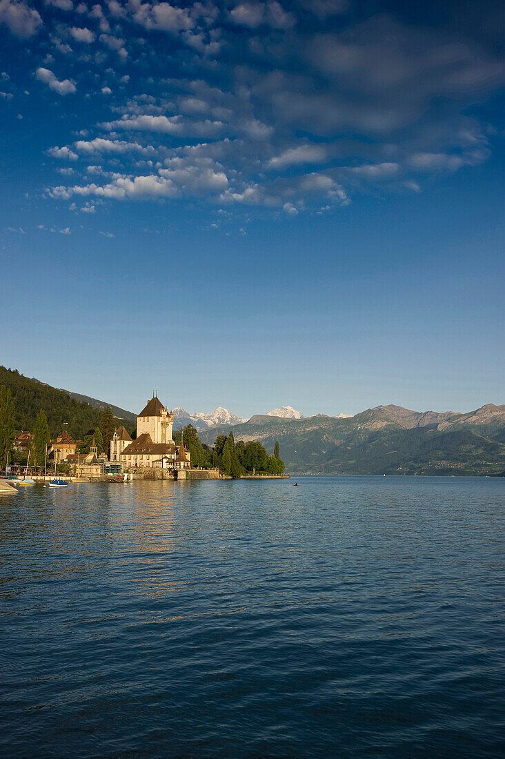 View of Oberhofen Castle, Oberhofen, Lake Thun, canton of Bern, Switzerland, Europe