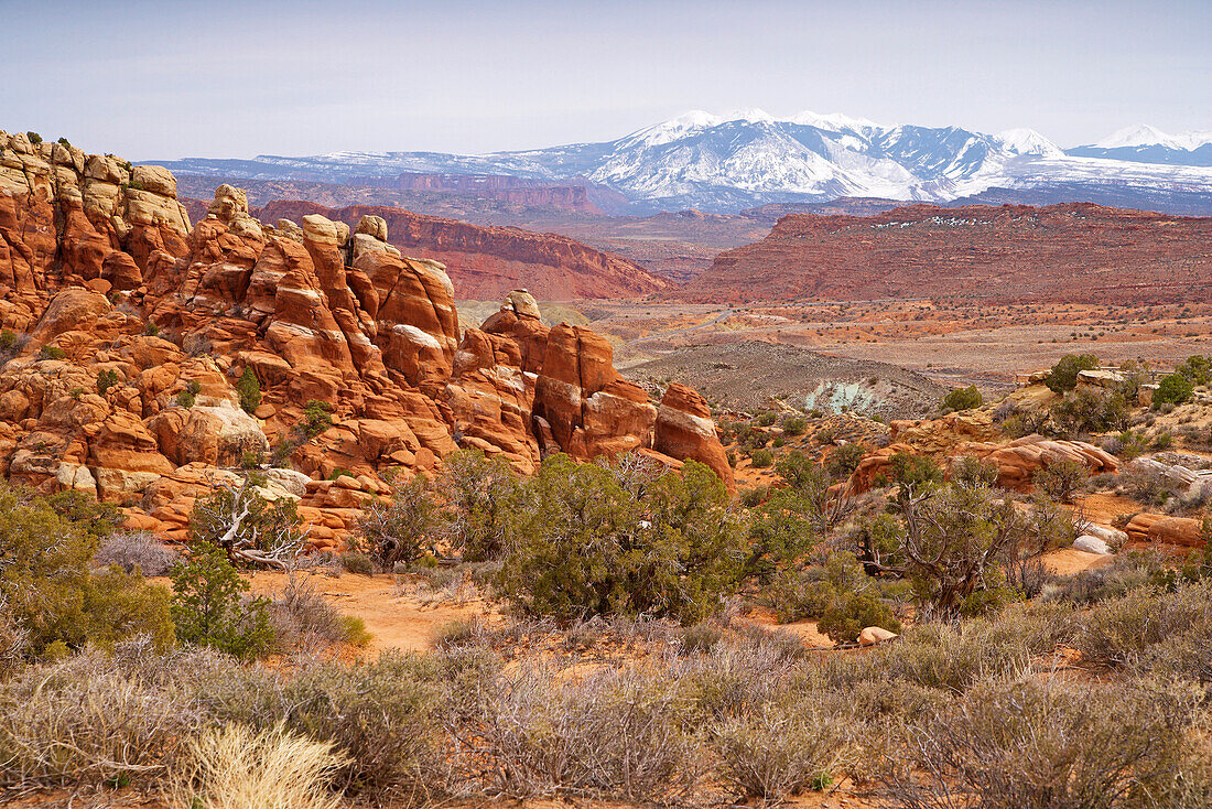 View over Arches National Park towards the La Sal Mountains, Utah, USA, America