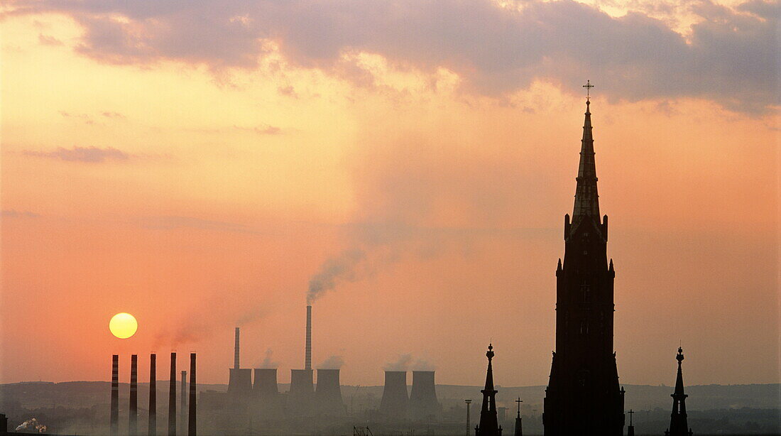 Coal fired power station and cathedral at sunset, Upper Silesia, Poland, Europe