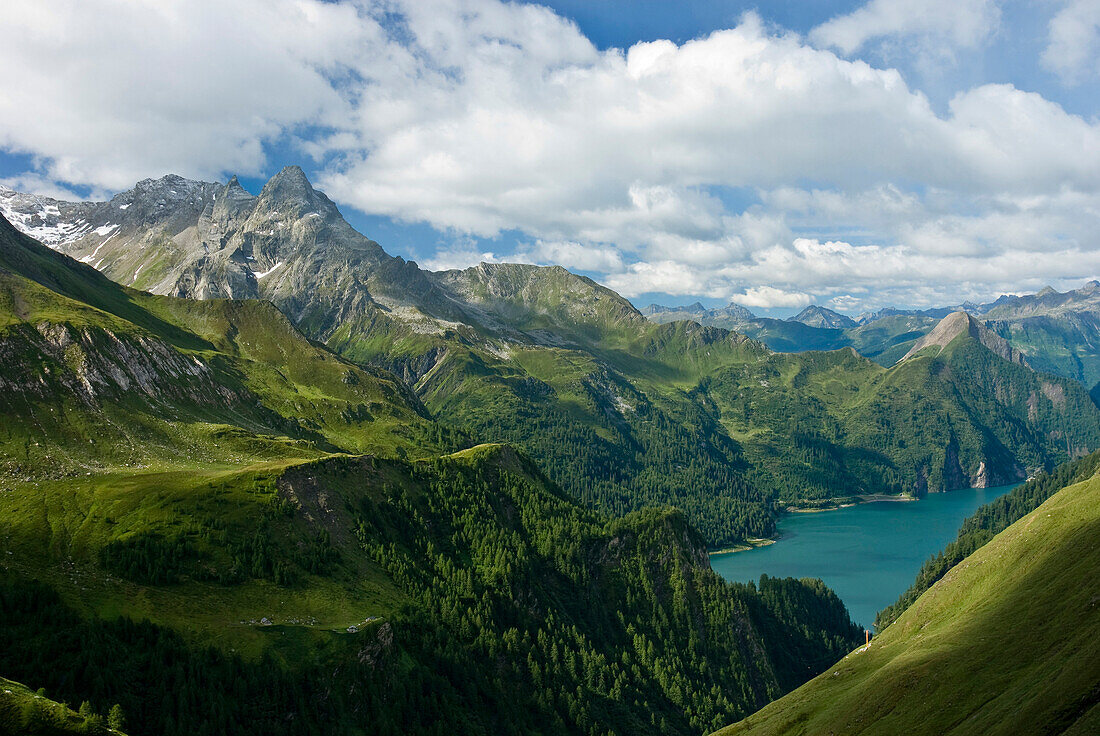 View of Luzzone Lake, Mt. Torrone di Nav (2832 m) from Capanna hut, Motterascio (2172 m), Garzora Valley, Ticino, Switzerland, Europe