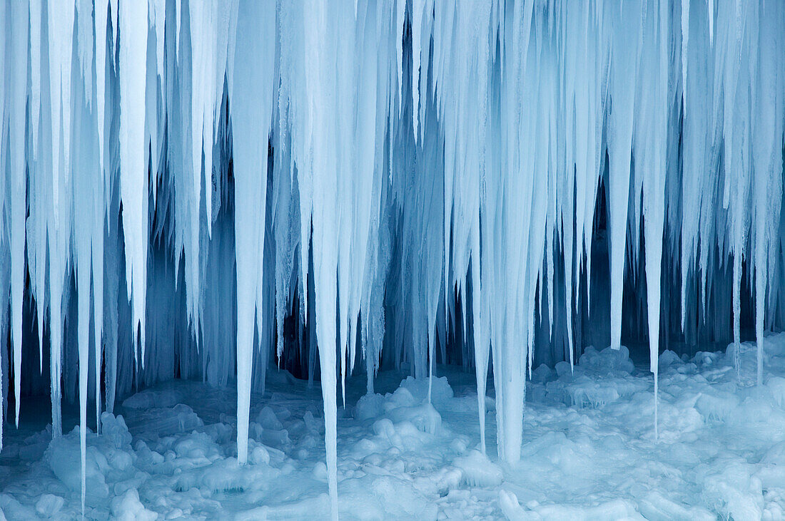 Slap Pericnik, huge icicles on waterfall frozen in winter, Triglav National Park, Julian Alps, Gorenjska, Krain, Slovenia