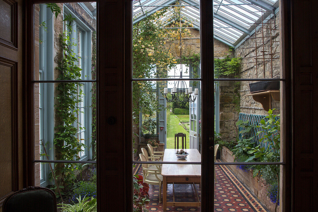 Winter garden seen from living room of Balfour Castle country house hotel, Shapinsay Island, Orkney Islands, Scotland, United Kingdom