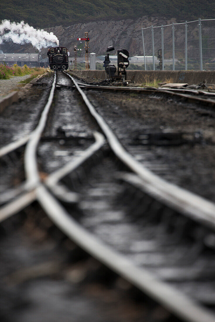 Dampflokomotive auf Schienen der Ffestiniog Narrow Gauge Heritage Railway Schmalspureisenbahn, Porthmadog, Gwynedd, Wales, Großbritannien, Europa