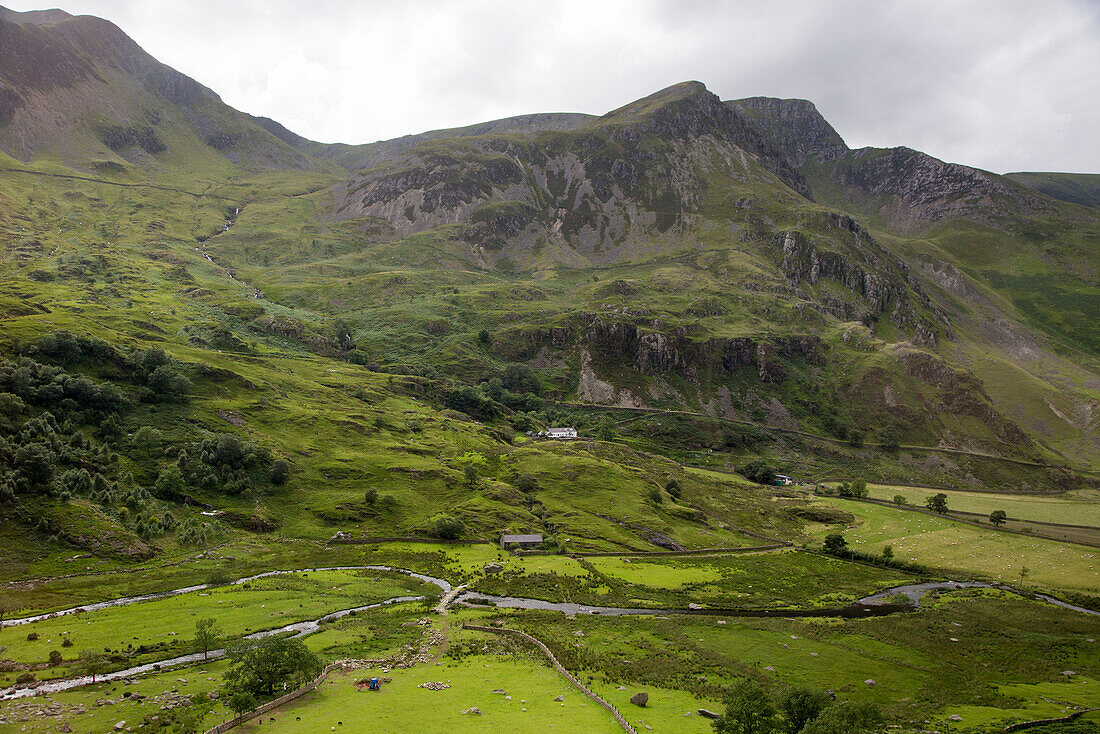 Grüne Wiesen und Hügel im Snowdonia Nationalpark, Clwyd, Wales, Großbritannien, Europa