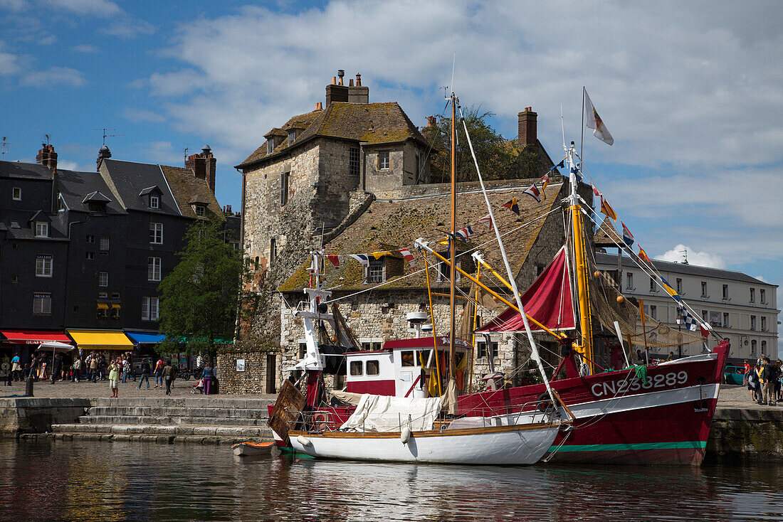 Sailboat and fishing boat in harbor, Honfleur, Calvados, Basse-Normandy, France