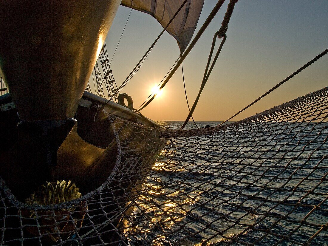 Bergantin Thalassa sailing at sunset