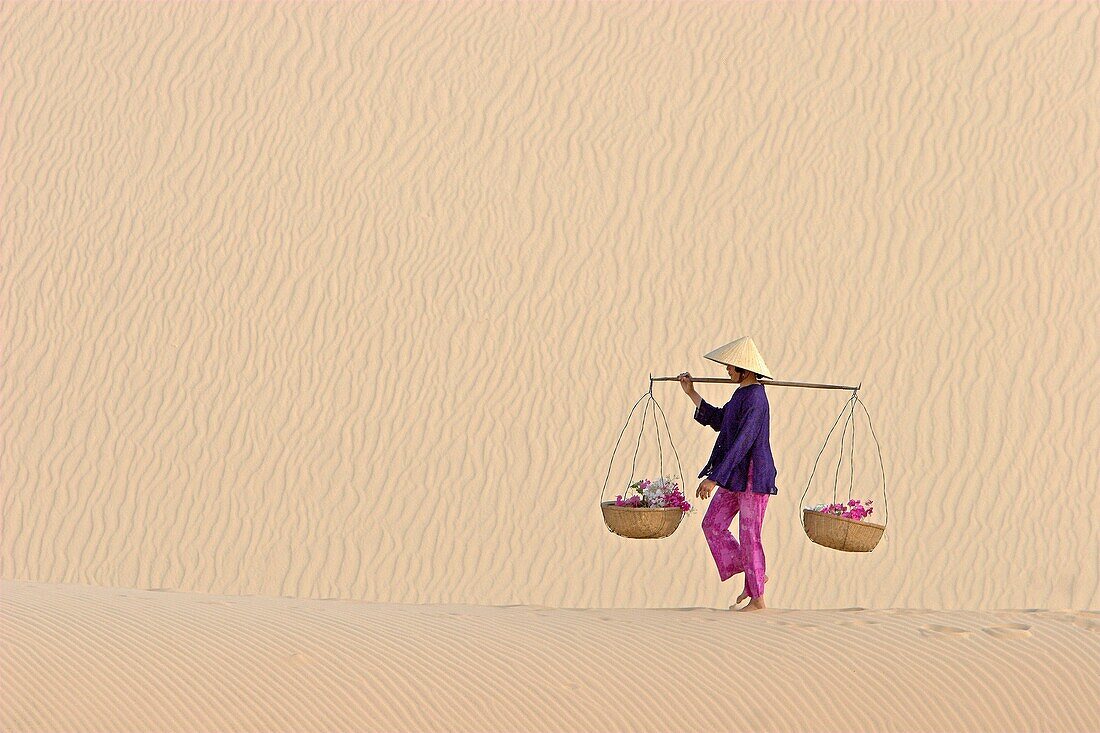 Woman with conical hat carries flowers in pannier baskets across white sand dunes near Mui Ne Vietnam