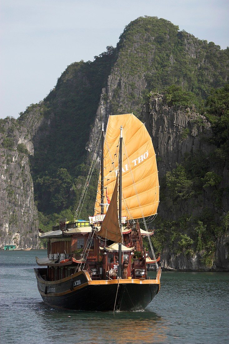 Motorized cruising junk with sails Halong Bay Vietnam