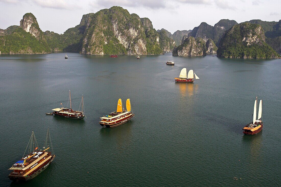 Cruising boats and rocky islands of Halong Bay from Titop Island lookout Vietnam