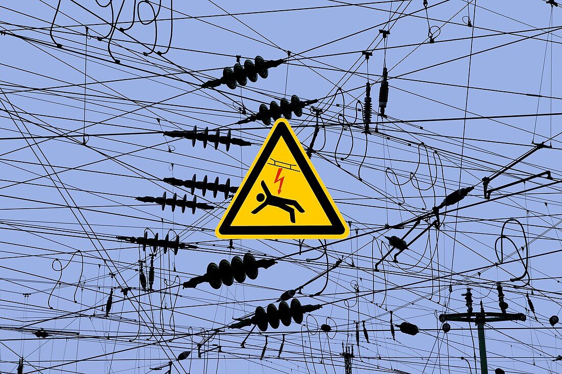 Sign ´Beware of electric shock´, chaotic overhead wires above railway tracks, Germany, photomontage