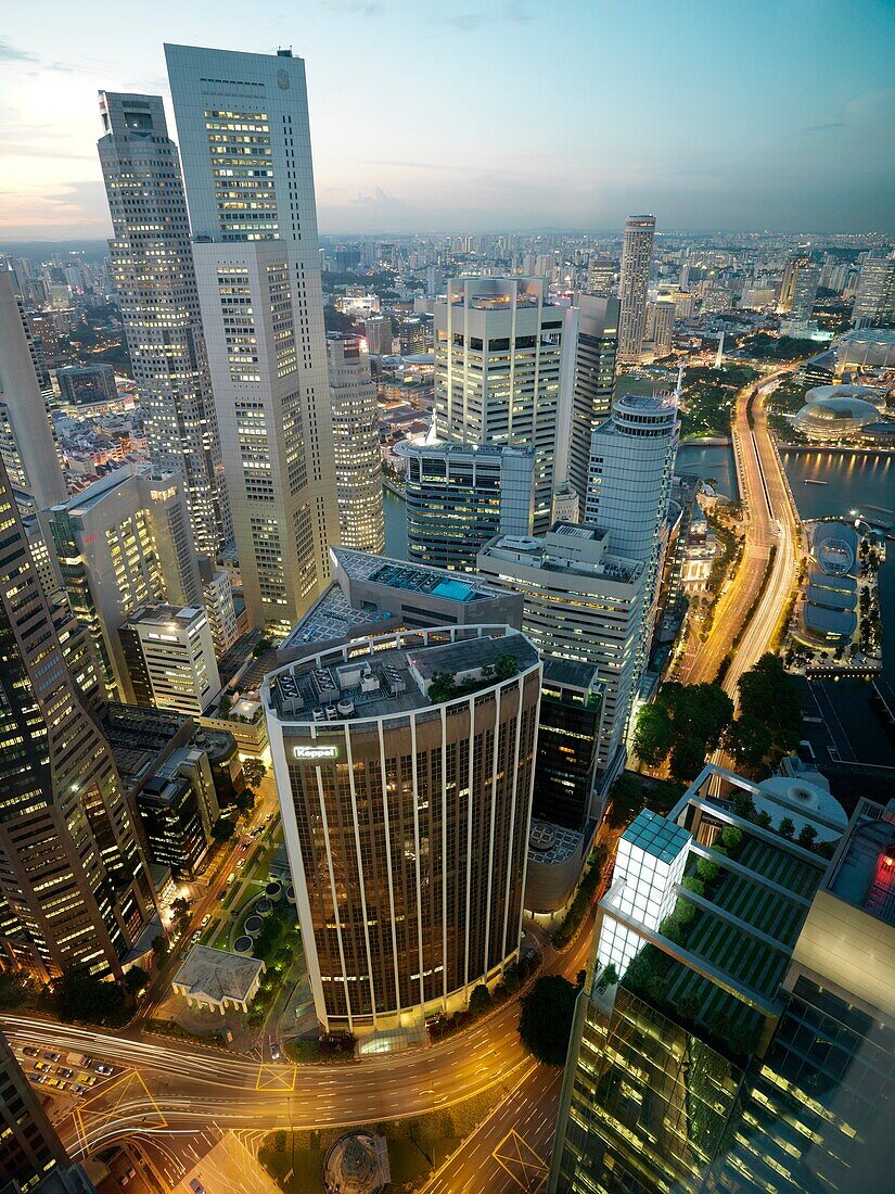 A birds eye view of the Singapore skyline at dusk