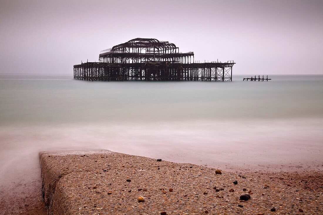 The West Pier destroyed by fire in 2003, Brighton, Sussex, England