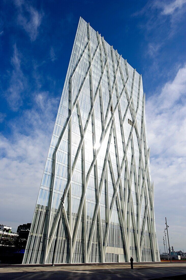 View of a modern building Telefonica Headquarters in the Diagonal mar district, Barcelona,Spain