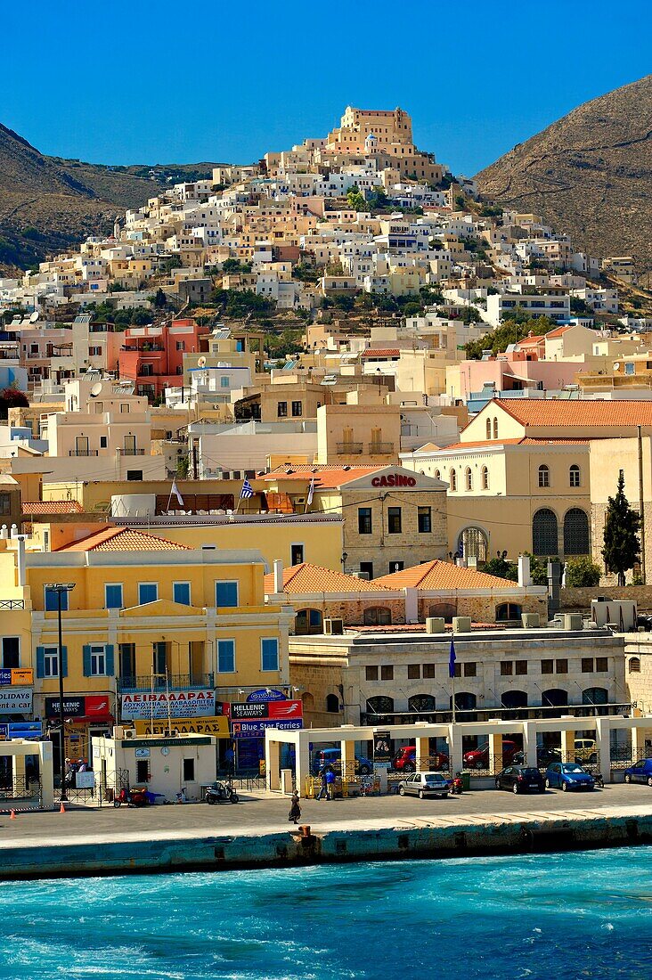 The Venitian City qurter of Ano Syros topped by the Catholic basilica of San Giorgio, Syros  S  , Greek Cyclades Islands