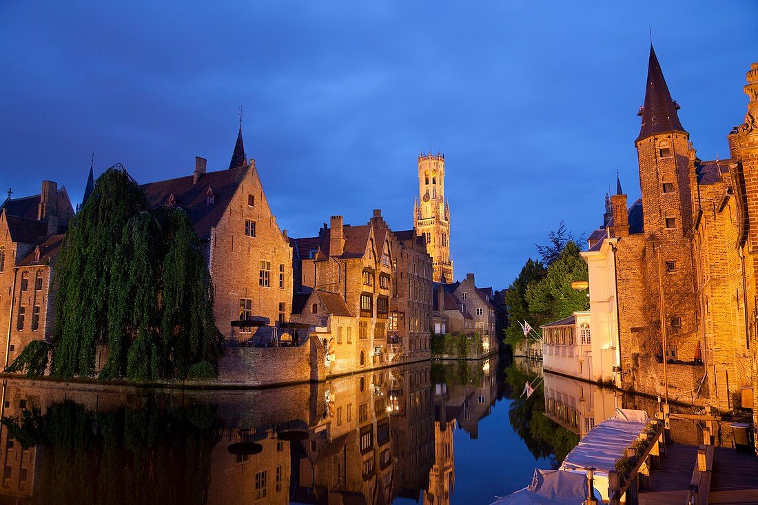 Rozenhoedkaai with Belfry at night, Bruges, West Flanders, Belgium