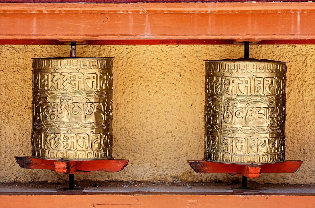Prayer wheels at Likir Gompa, buddhist monastery, in Ladakh, India