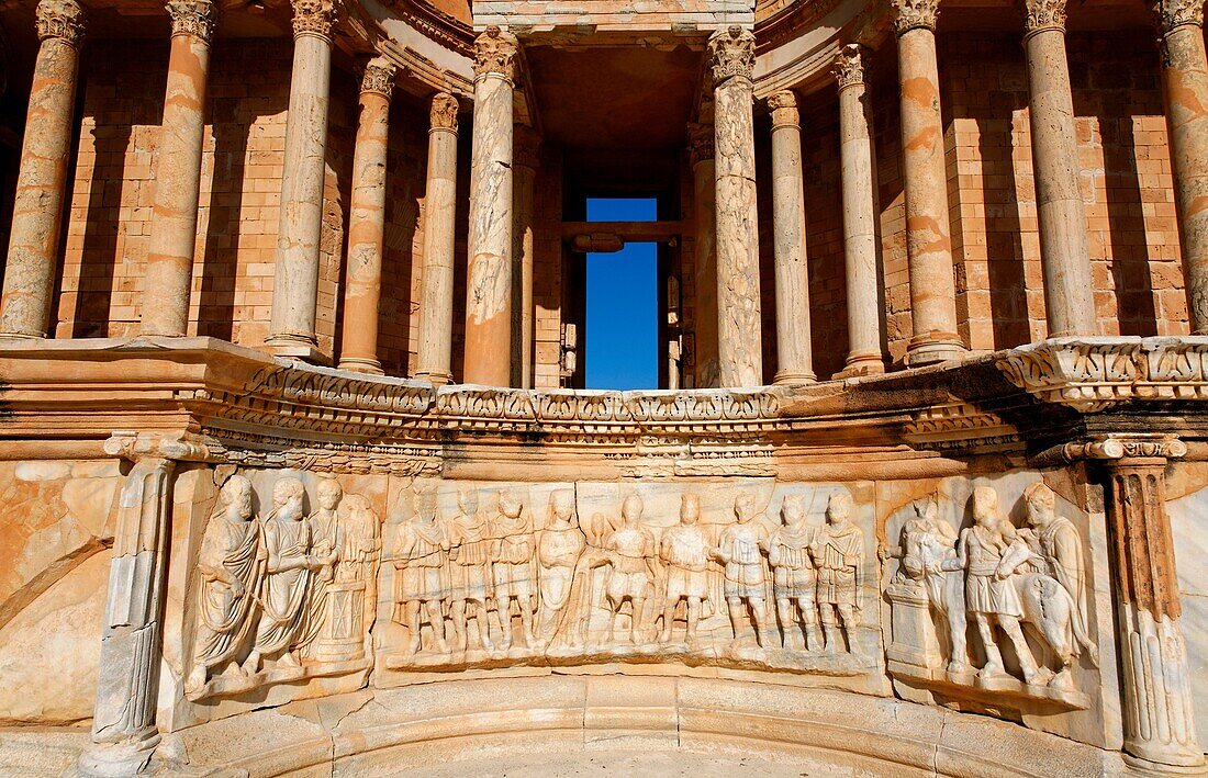 Relief sculptures at the front of the stage at the Roman theatre in Sabratha, Libya