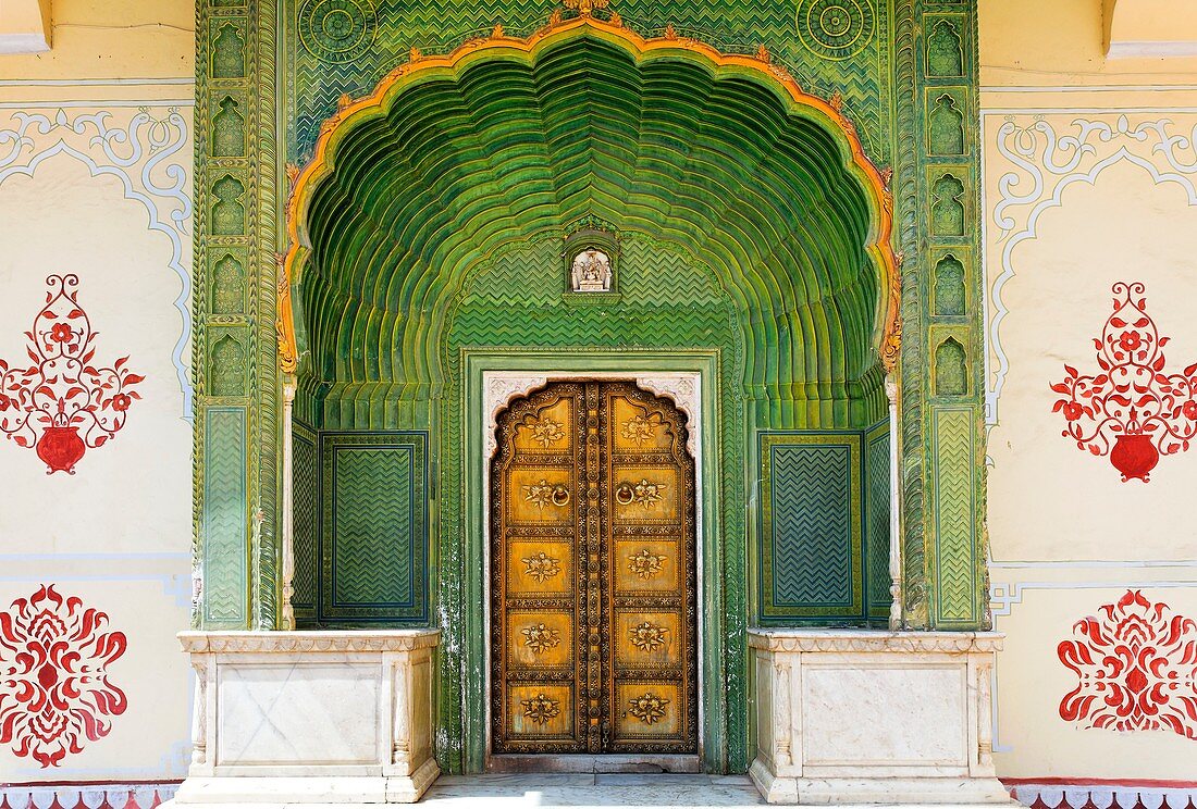 Ornate doorway in the Peacock Courtyard inside the City Palace complex, Jaipur, Rajasthan, India