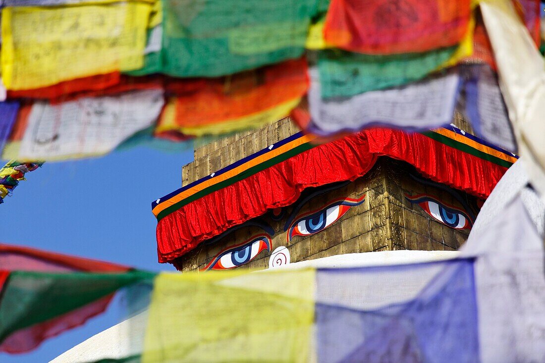 Buddhist stupa and prayer flags at Bodhnath, Kathmandu, Nepal