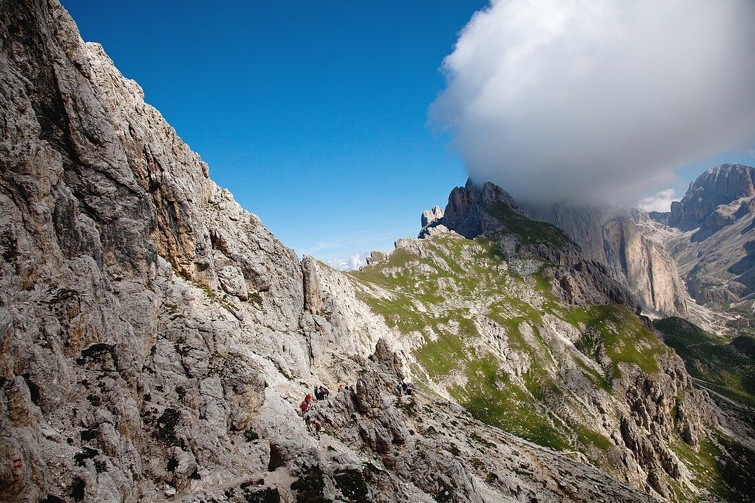 Hiking in the Vajolet mountain range, Dolomites, South Tyrol, Italy, Europe