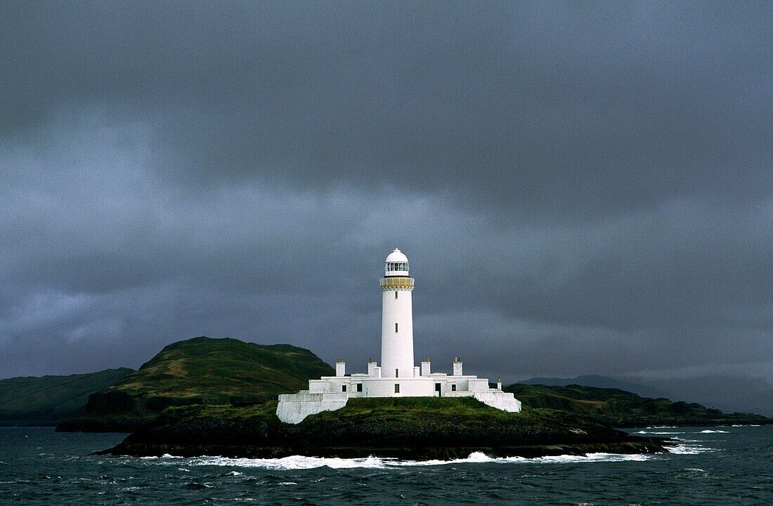 Lighthouse on Eilean Musdile at southern tip of island of Lismore in the Firth of Lorn, Argyll and Bute, western Scotland, UK