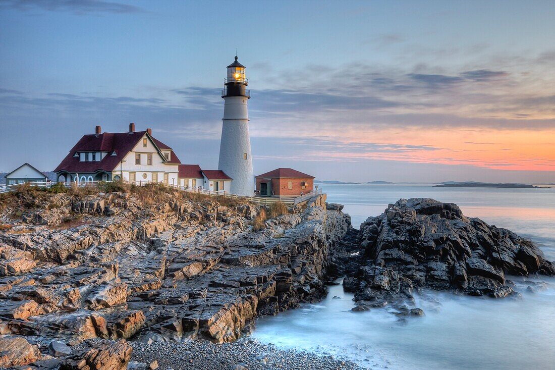 The Portland Head Light, built in 1791, protects mariners entering Casco Bay. The lighthouse is located in Fort Williams Park, Cape Elizabeth, Maine, USA