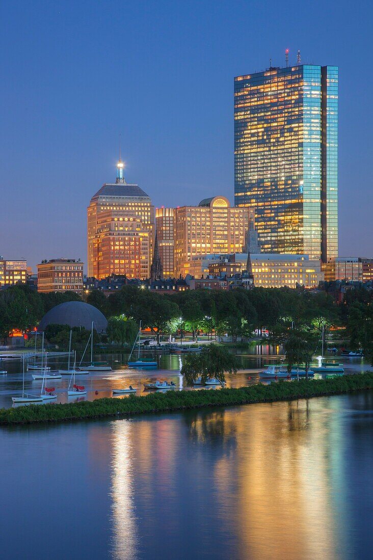 Twilight view of the Boston skyline including the John Hancock building, as seen over the Charles River from the Longfellow Bridge, Boston, Massachusetts, USA