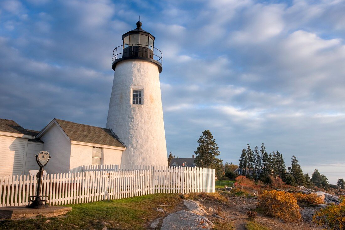 Pemaquid Point Lighthouse in warm light just after sunrise, Bristol, Maine, USA