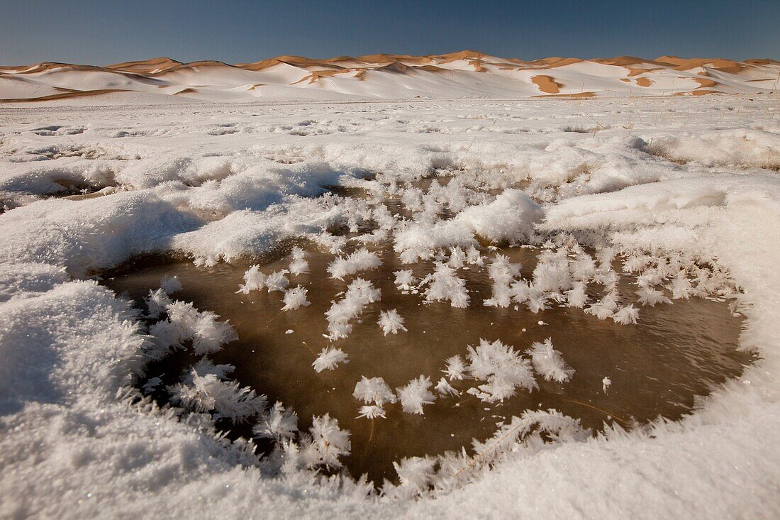 Khongur sand dunes and frozen Khongur river, frost flowers, winter in Gobi desert, Mongolia