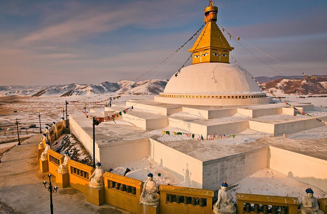 New stupa, winter dawn above Amarbayasgalant Buddhist monastery, selenge province, northern Mongolia