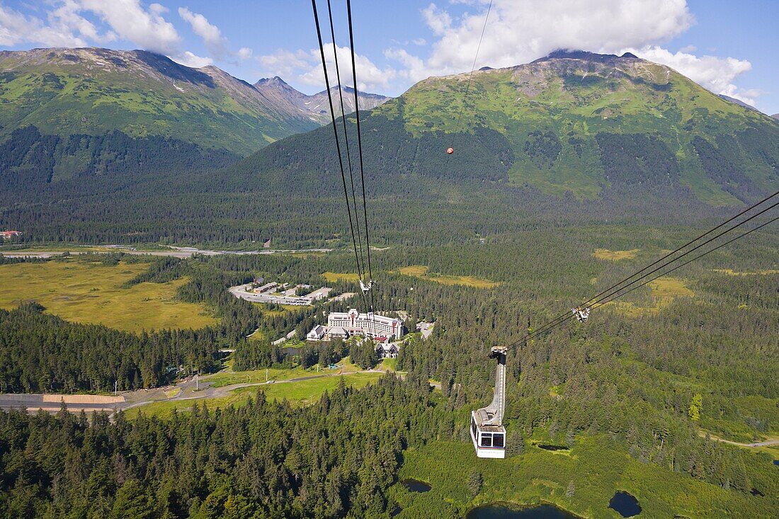 Tram and valley below at Alyeska Ski Resort in the Chugach Mountains in Girdwood Alaska