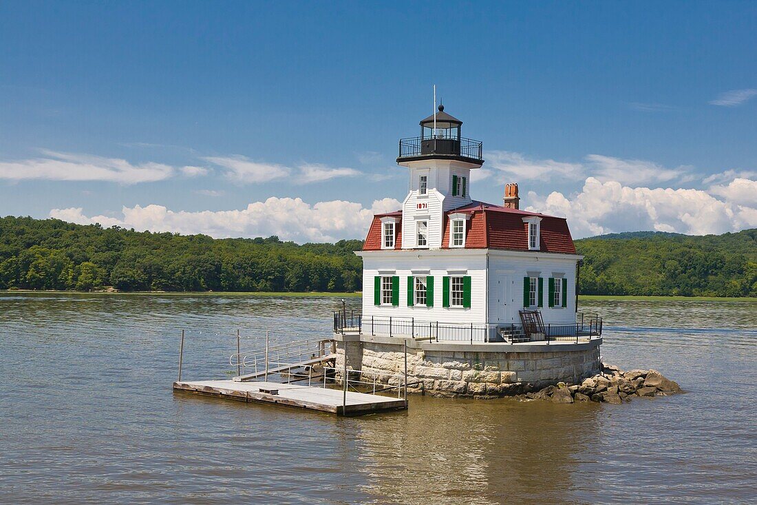 The historic Esopus Meadows Lighthouse nicknamed the Maid of the Meadows completed in 1871 in the Hudson River of New York State