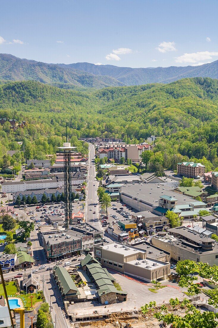 Looking down on Gatlinburg Tennessee from top of Gatlinburg Sky Lift on Crockett Mountain