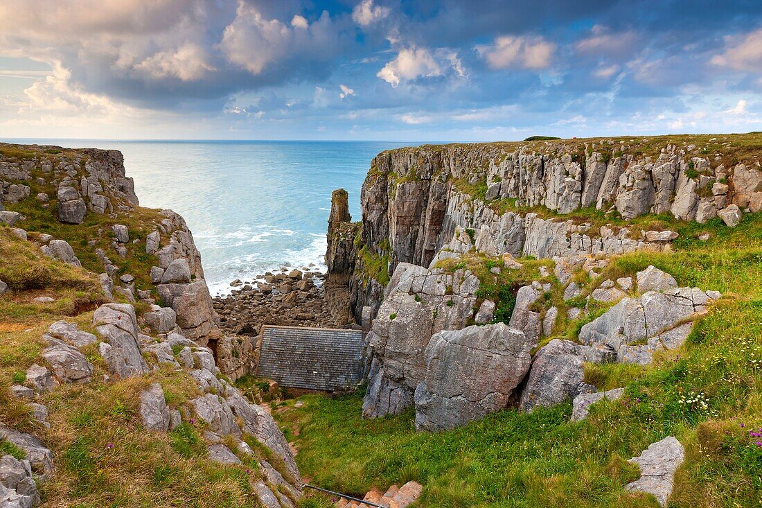 The exterior of St Govan´s Chapel, a 13th century Scheduled Ancient Monument in the Pembrokeshire Coast National Park, Wales, UK, Europe