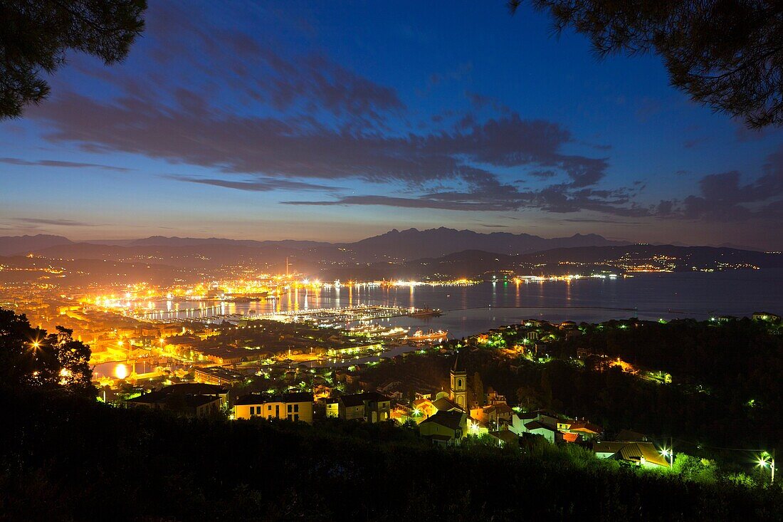 View of Porto della Spezia and Golfo della Spezia from Campiglia village, Province of La Spezia, Liguria, Italy, Europe