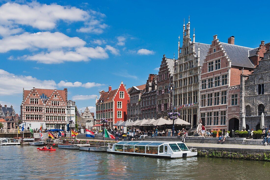 View from the Korenlei over the river Lys to the historic houses of Graslei, Ghent, Belgium, Europe