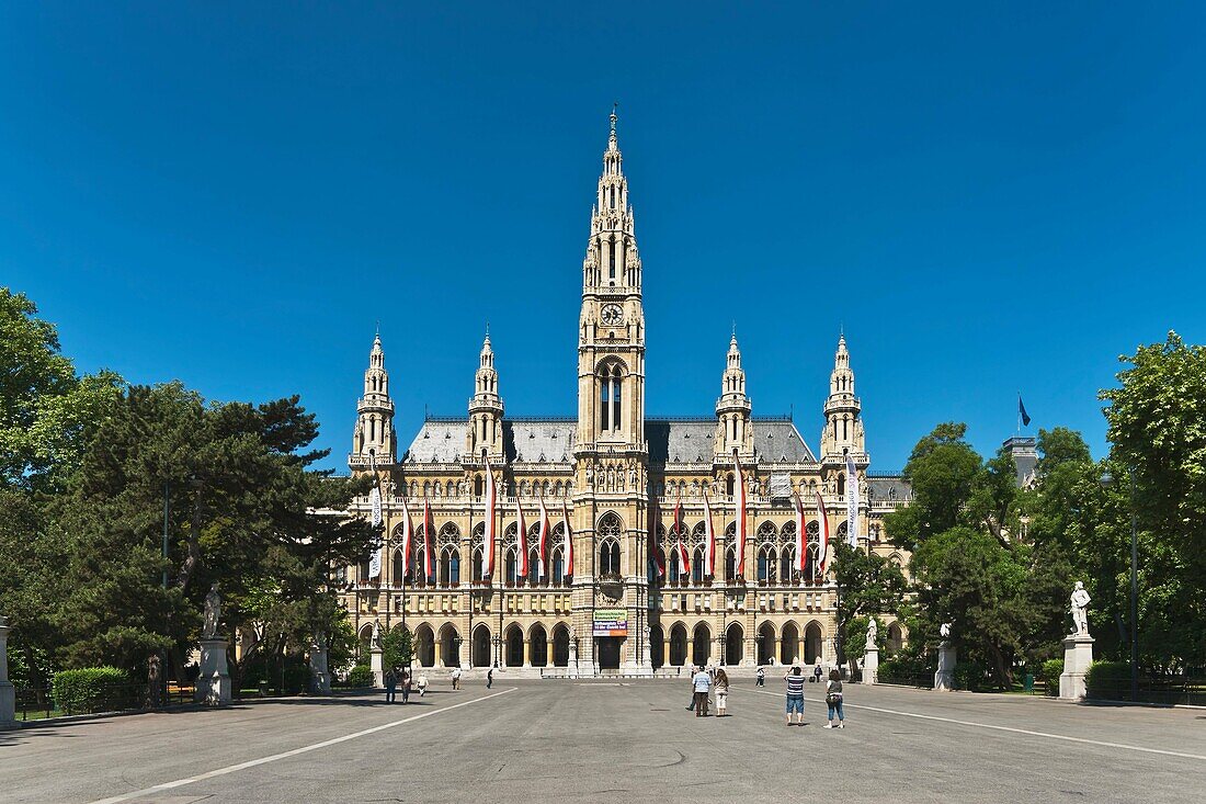 The City Hall was built from 1872 to 1883, designed by the architect Friedrich von Schmidt in the Gothic Revival style The building is 152 m long and 127 m wide, with 1575 rooms have windows 2035 The tower is 103 30 meters high, Vienna, Austria, Europe