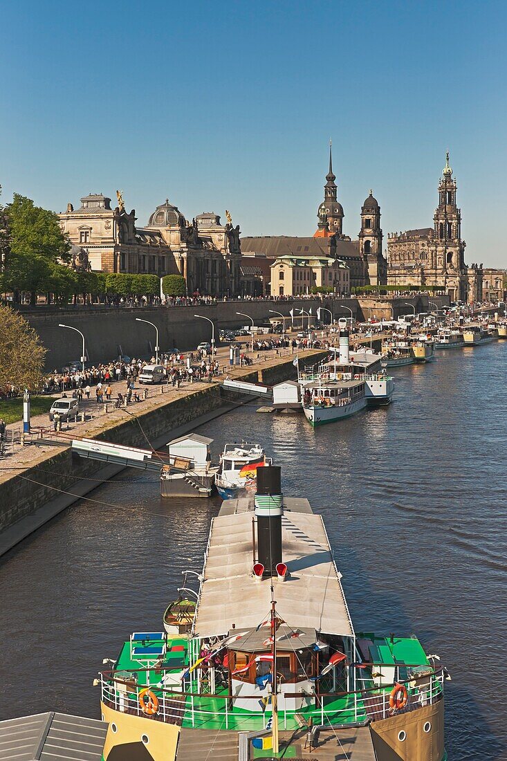 Fleet parade of historical paddle steamers, every year on 1 May, on the Elbe River in front of the old town of Dresden, Saxony, Germany, Europe