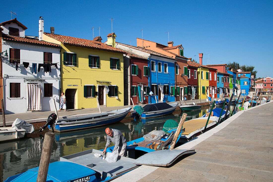 Colourful houses along the canal, Burano, Veneto, Italy, Europe