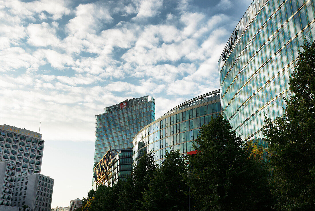 Henriette Herz Park, Beisheim Centre, DB Control Tower and Sony Centre under clouded sky, Potsdamer Platz, Berlin, Germany, Europe