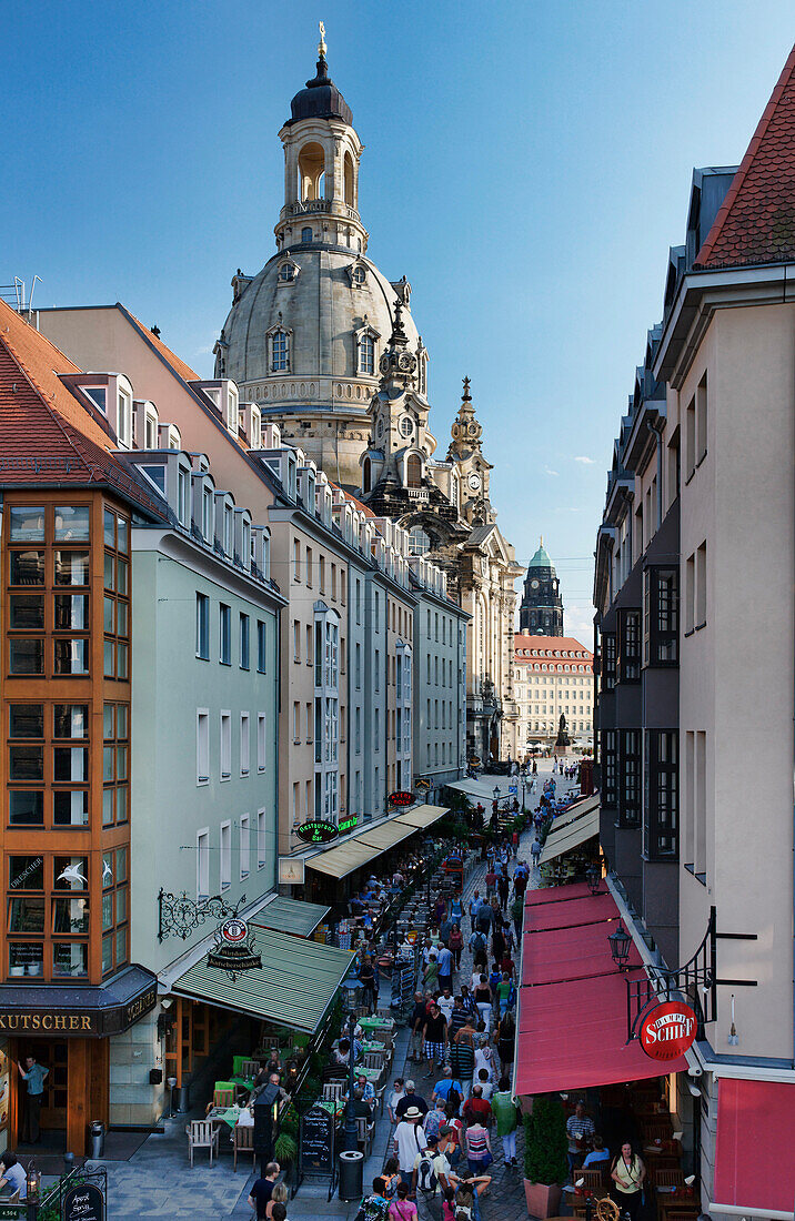 View of Muenzgasse with Church of our Lady and tower of the town hall, Dresden, Saxony, Germany, Europe