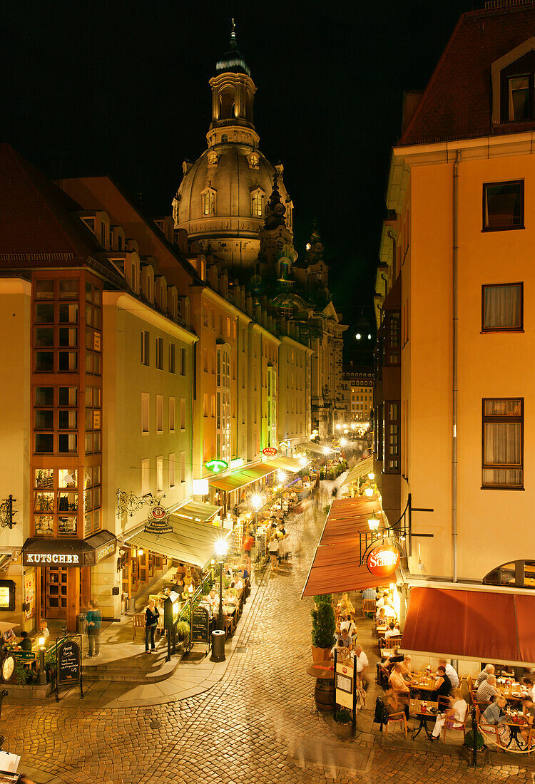 Münzgasse mit Frauenkirche bei Nacht, Dresden, Sachsen, Deutschland, Europa