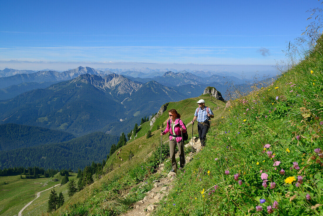 Zwei Wanderer gehen auf Weg, Bayerische Alpen und Rofan im Hintergrund, Rotwand, Spitzinggebiet, Bayerische Alpen, Oberbayern, Bayern, Deutschland
