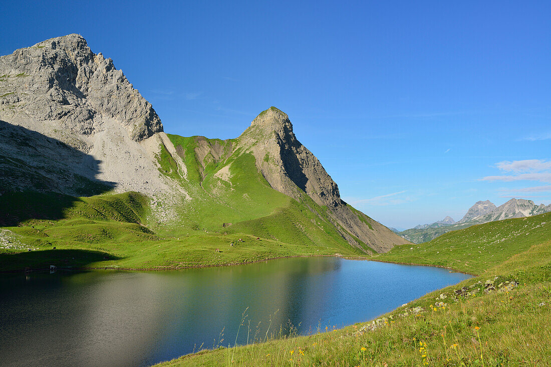 Lake Rappensee with Hochrappenkopf and Kleiner Rappenkopf, Allgaeu range, Upper Allgaeu, Allgaeu, Swabia, Bavaria, Germany